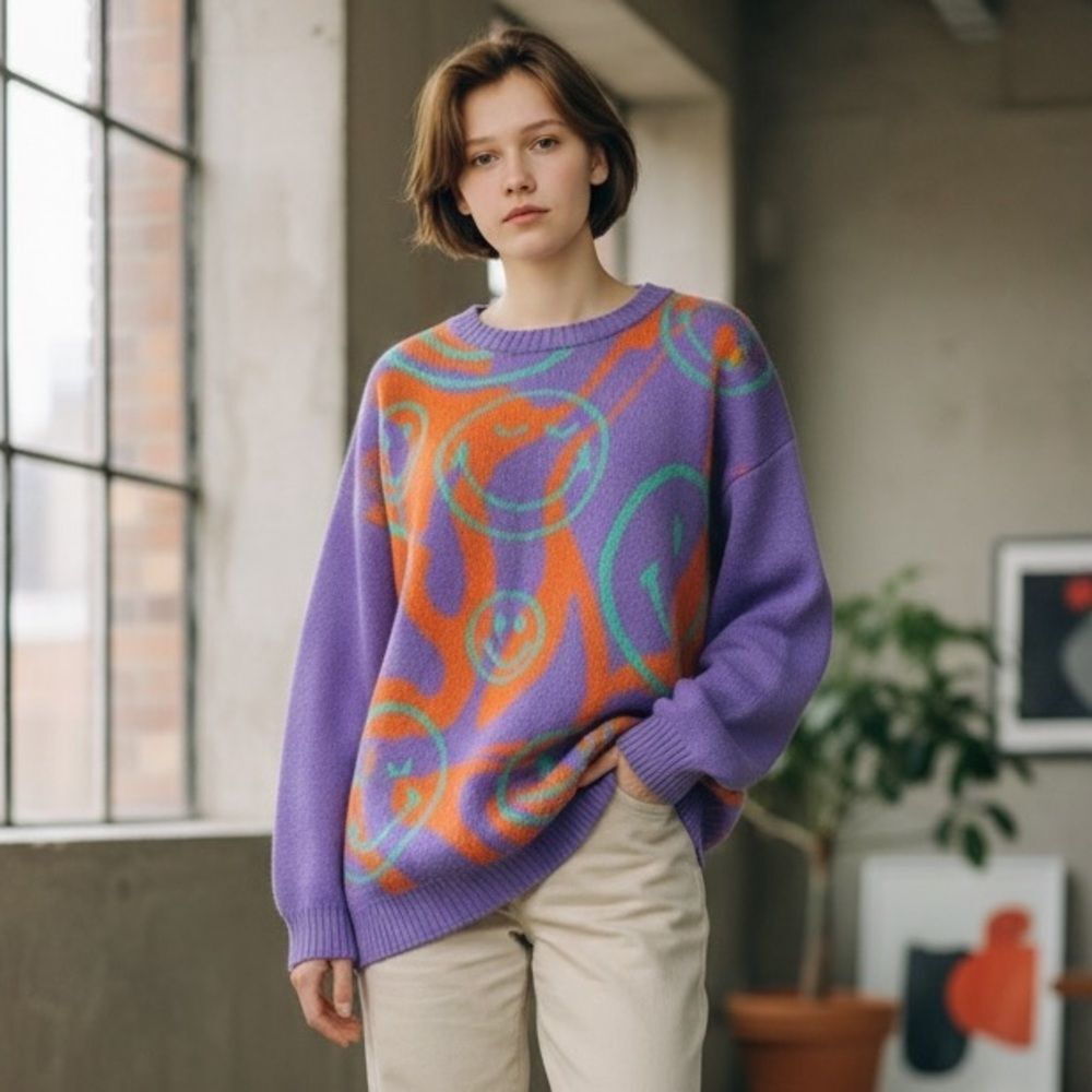 LOGO Lori Goldstein Smiley World Purple Orange Sweater Green Smiley M